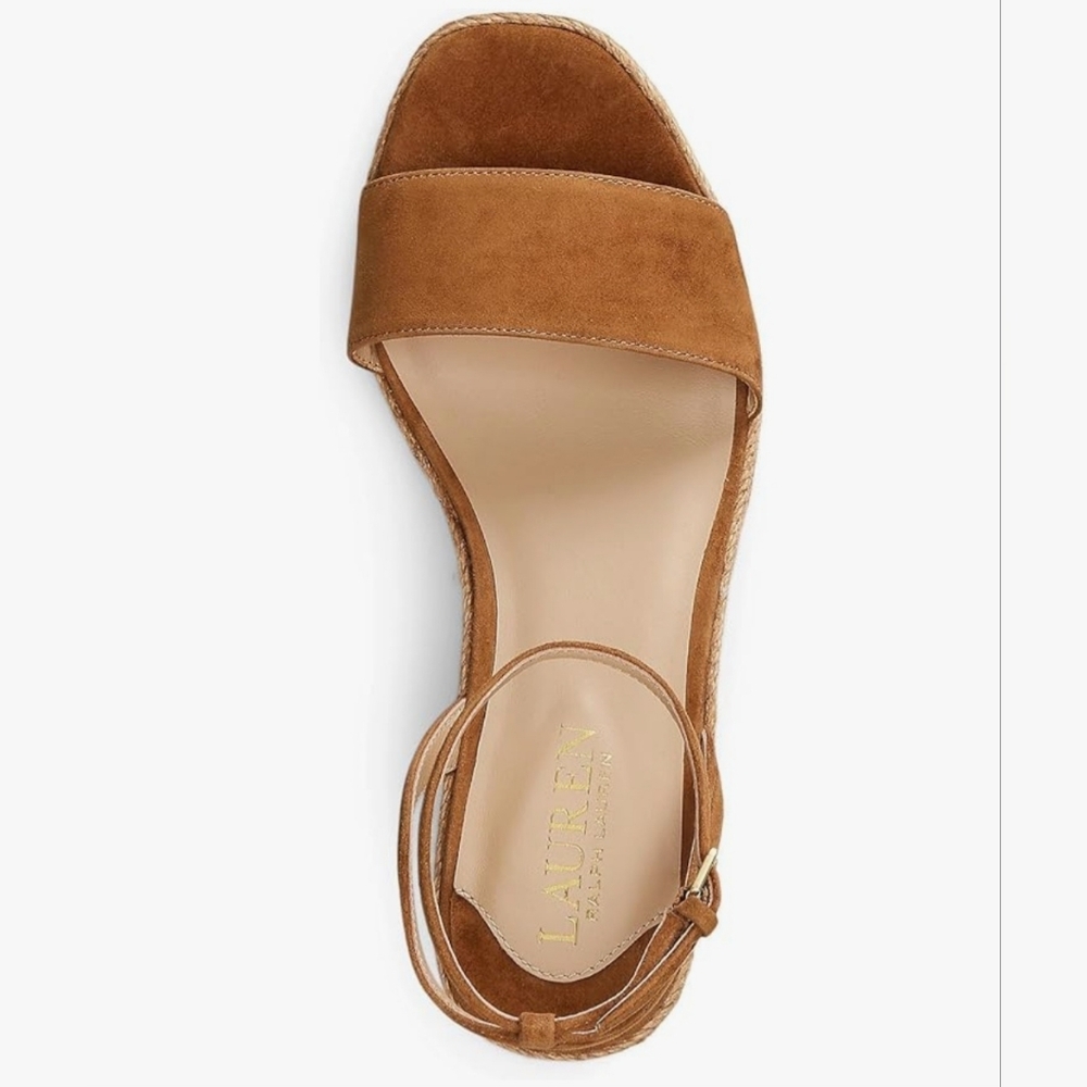 Lauren Ralph Lauren Leona Suede Leather Espadrille Heel Camel Whiskey Brown 9 - Picture 2 of 4